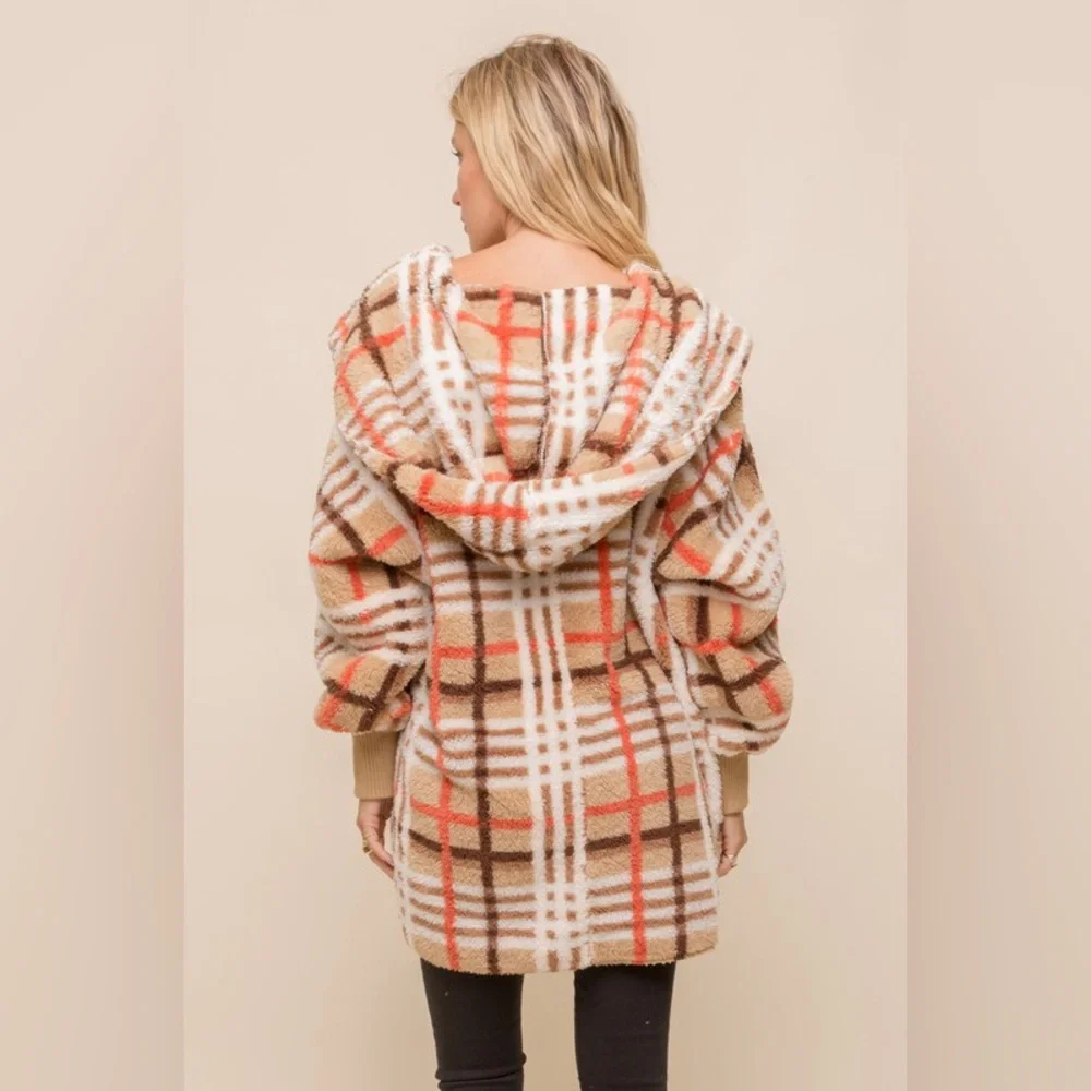 522. Last 1! Orange/Tan Boho Cozy Hood Chunky Soft  Sherpa Fleece Teddy jacket - Picture 5 of 5